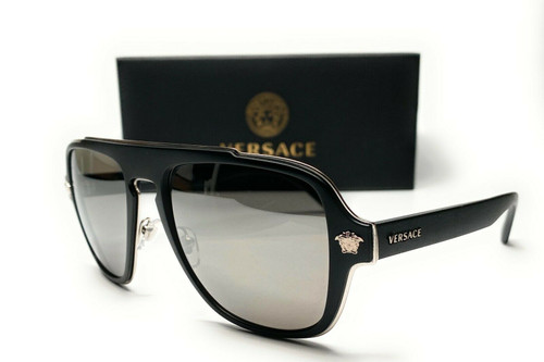 VERSACE VE2199 10006G Matte Black Grey Mirror Silver Lens Men's Sunglasses 56mm