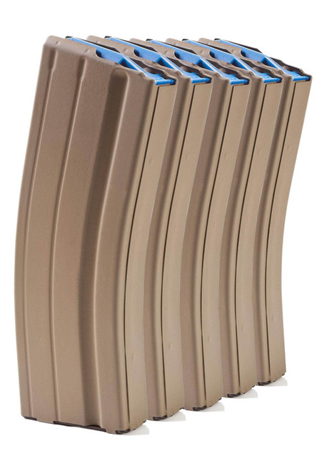 Five Pack of AR-15 6.5 Grendel Stainless Steel Magazines with FDE Coating and Blue Follower Five Pack of AR-15 6.5 Grendel Stainless Steel Magazines with FDE Coating and Blue Follower