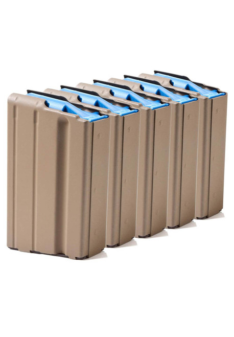 Five Pack of AR-15 6.5 Grendel Stainless Steel Magazines with FDE Coating and Blue Follower Five Pack of AR-15 6.5 Grendel Stainless Steel Magazines with FDE Coating and Blue Follower