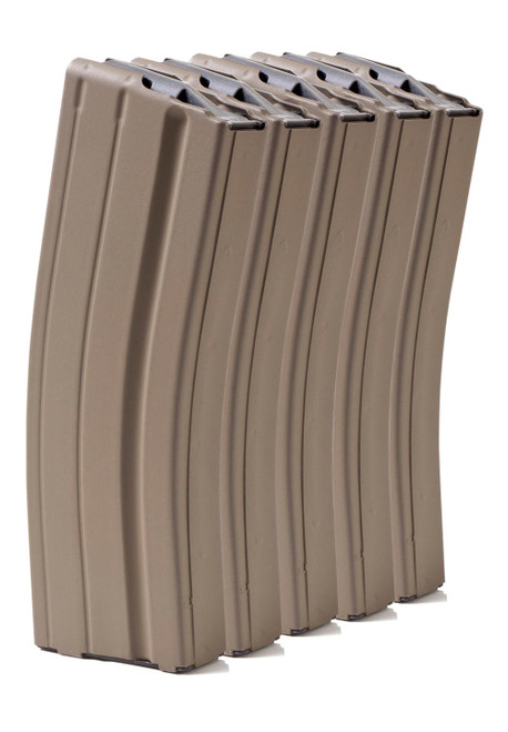 Five Pack of AR-15 25rd 6.8 SPC Stainless Steel Magazines with FDE Coating and Grey follower. Five Pack of AR-15 25rd 6.8 SPC Stainless Steel Magazines with FDE Coating and Grey follower.