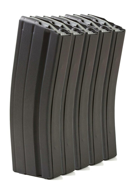 Five Pack of AR-15 25rd 6.8 SPC Stainless Steel Magazines with Black Marlube Coating and Grey follower.