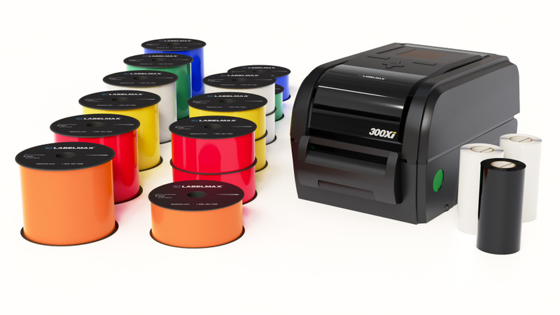 5S label printer bundle featuring a thermal transfer label printer with vinyl label rolls and ink ribbon for industrial 5S labeling