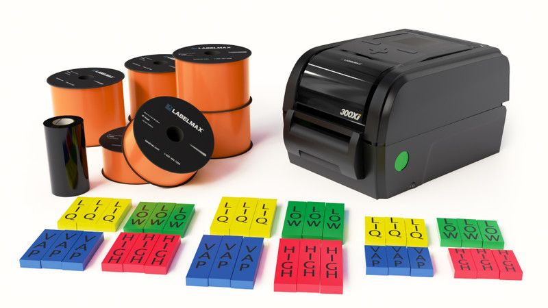Ammonia pipe maker label printer bundle with vinyl label supply and print ribbon for thermal transfer printers