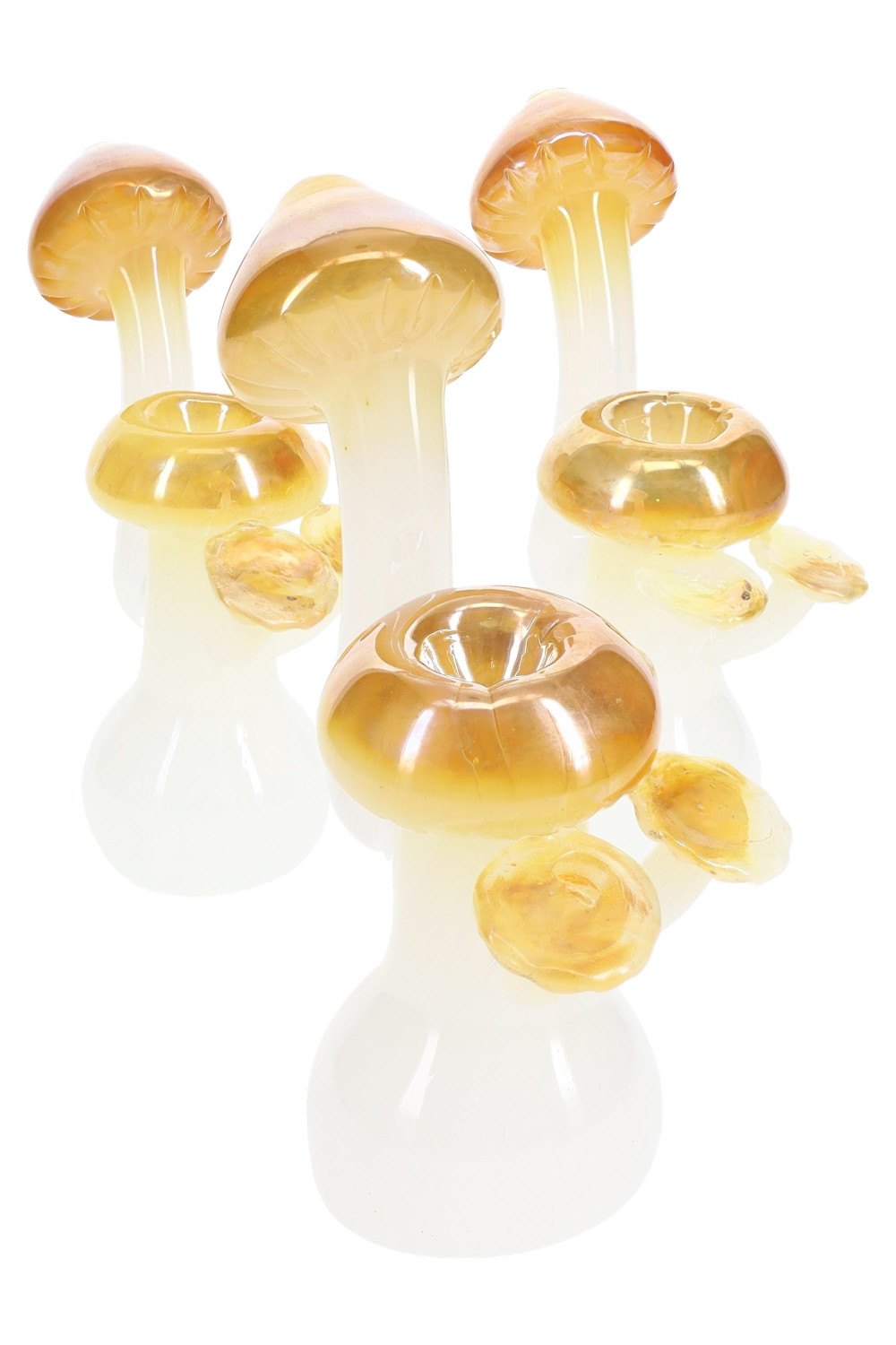 Cluster of gold-fumed mushroom sherlock bubblers with rounded bases, premium glass wholesale water pieces for showcase shelves.