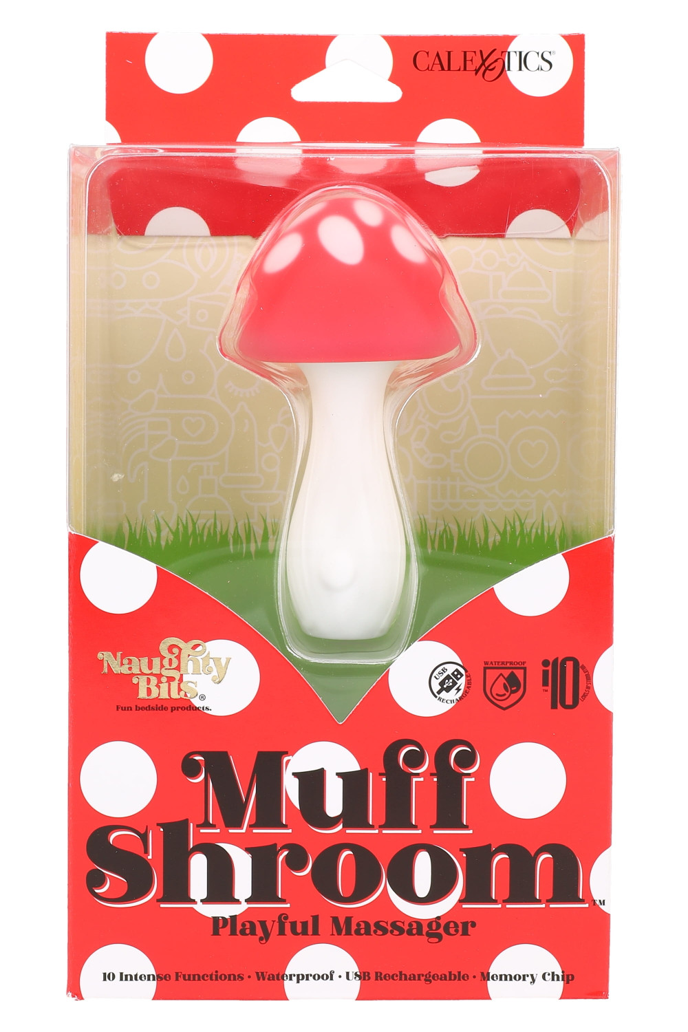 Naughty Bits Muff Shroom Playful Massager in red mushroom packaging, peg-ready retail card ideal for adult-shop wholesale displays.