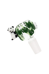 Close top view of Panda Cub bowl head with deep herb cavity—US-made borosilicate slide for 14.5 mm female water pipes, B2B product photo.
