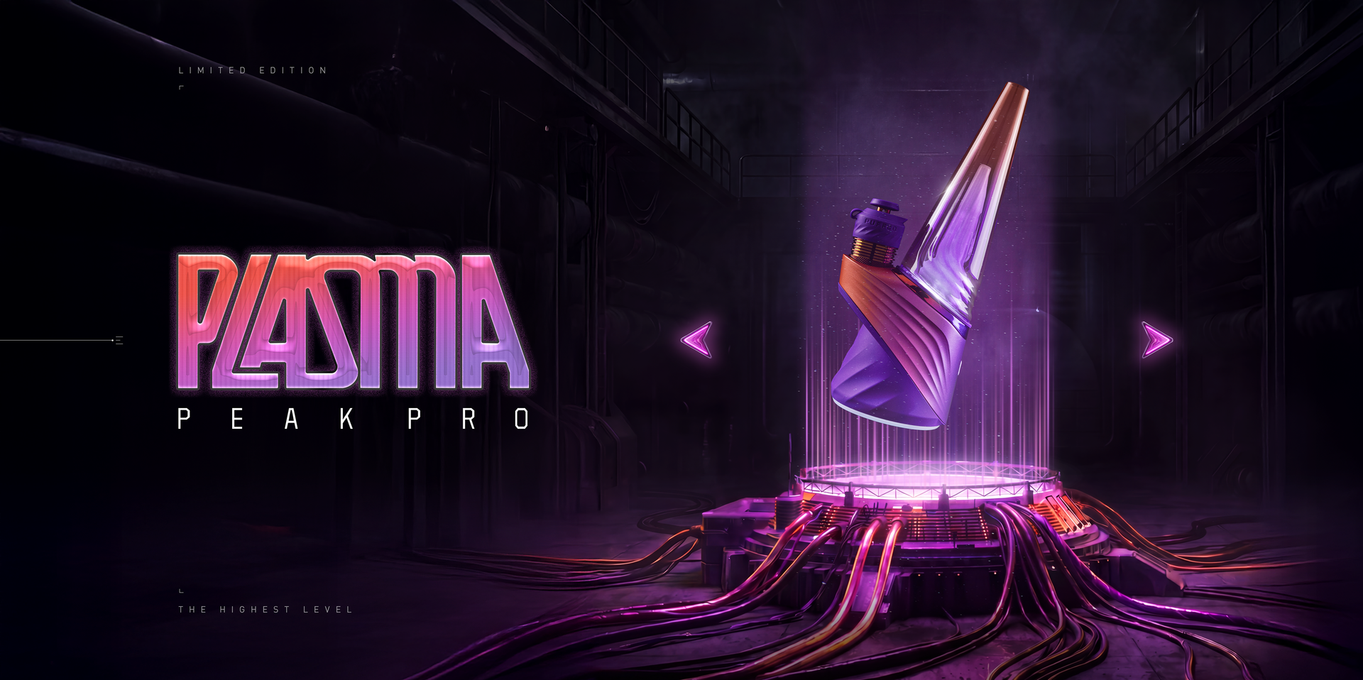 Limited edition Puffco Peak Pro Plasma e-rig displayed with purple sci-fi lighting and product branding