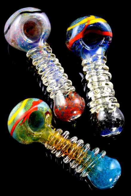 Color Changing Silver Fumed Frit Spiral Glass Pipe - P2067