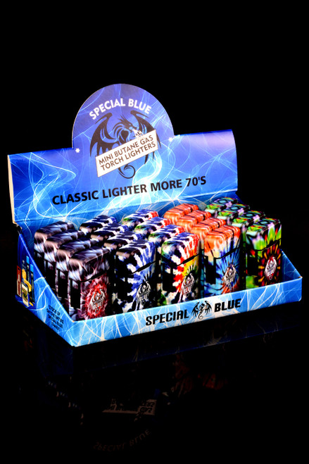 Bulk retail display of wholesale Special Blue tie dye hippie torch lighters.