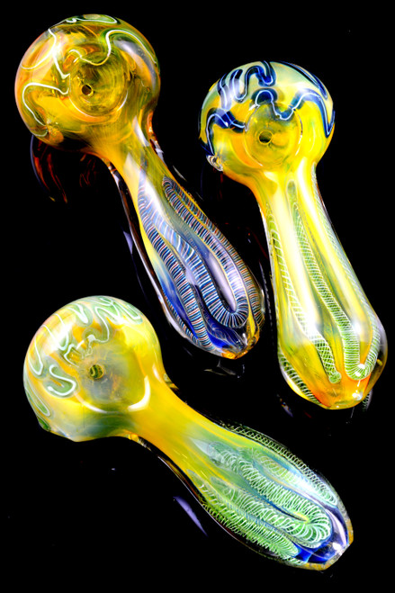 Gold Fumed Colorful Squiggle Striped Glass Pipe - P2542