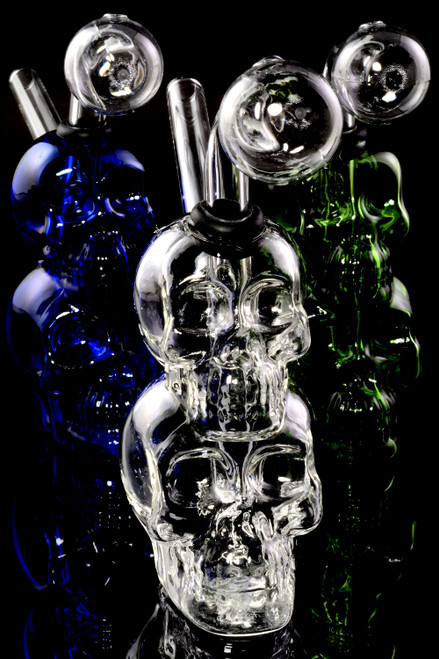 Colored Glass Double Skull Oil Burner Rig - OIL146