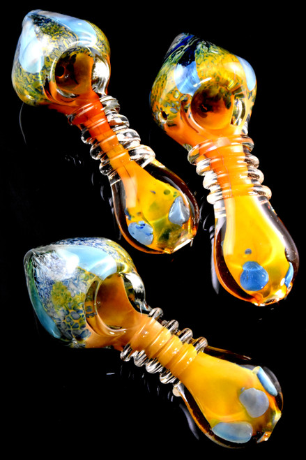 Gold Fumed Frit Color Changing Coil Glass Pipe - P2640