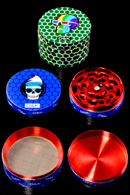 Red and blue metal dry herb grinders for smoke shop resale.