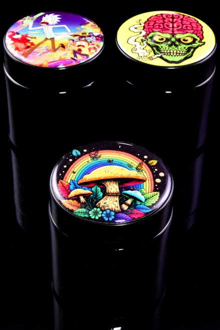 Buy in bulk black glass weed jars with decal lid for head shop resale.