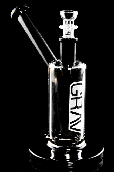 Black and clear glass Grav upright bubbler for smoke shop resale.