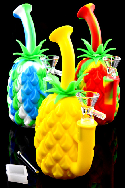Three silicone pineapple water pipes for smoke shop resale.