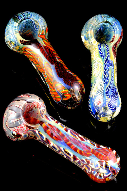 Thick Silver Fumed Frit Striped Glass Pipe - P1222