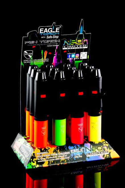 Bulk display of wholesale neon pen torch lighters.