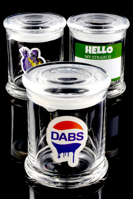 Wholesale large glass storage jars for dry herb with unique decal sticker.