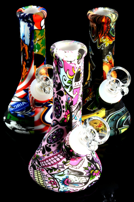 Mini inexpensive printed decal rubber bongs for bulk wholesale purchase.