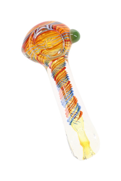 Individual color-changing striped glass spoon pipe with square mouthpiece shown from an angled side view.