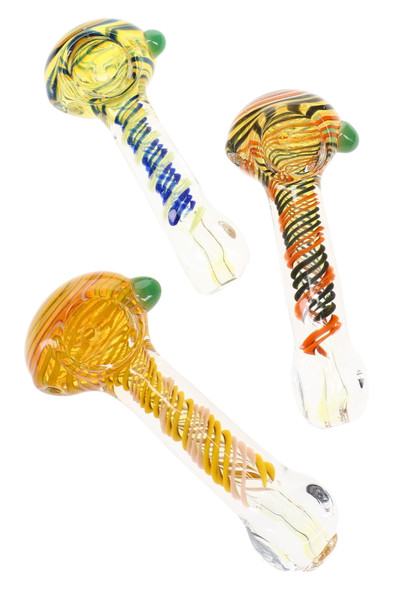 Assorted 4" color-changing glass spoon pipes with colorful spiral stripe accents and square glass mouthpieces.
