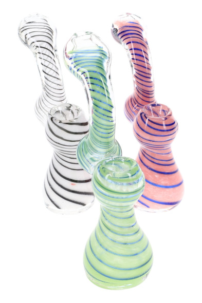 Grouped 5" frit sherlock glass bubblers with spiral stripes in green/blue, pink/blue, and black/white; head-shop wholesale piece, front high-key angle.