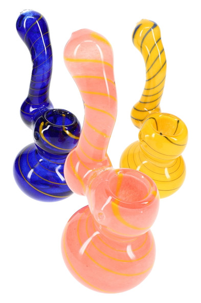 Assorted color swirl glass sherlock bubblers, blue/pink/yellow group shot for wholesale smoke shop display