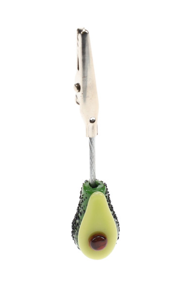 Retail smoke gear avocado joint clip, 3.6" borosilicate with textured rind and brown pit, top-down view on white background.