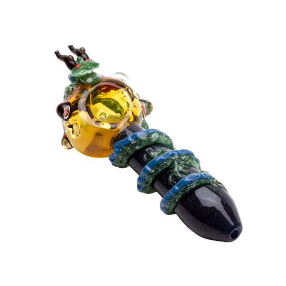 Empire Glassworks Dragon Sphere pipe side view with blue-green raised wrap details