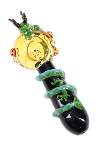 4.5" Dragon Sphere spoon pipe with yellow bowl, green dragon head, and black handl