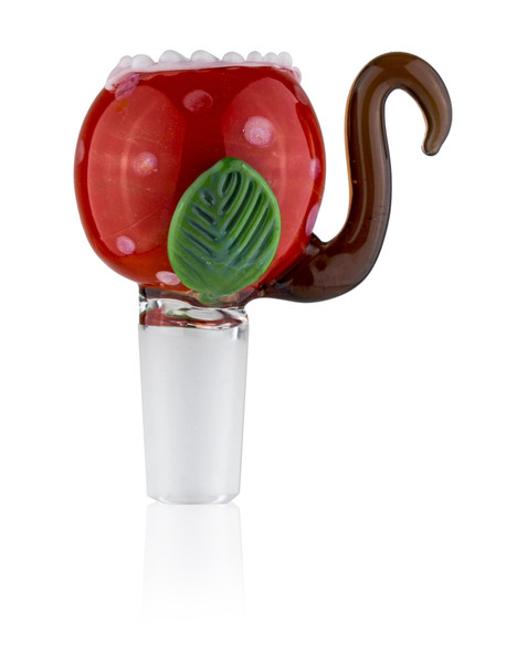 Empire Glassworks piranha bowl, 14.5 mm male joint, red cup with spots and curled handle, wholesale head-shop part on white.