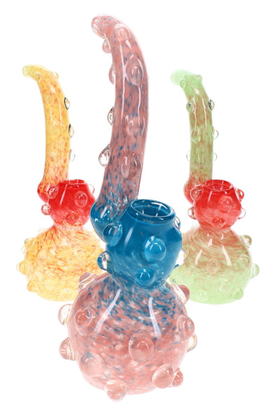 9" colorful frit glass Sherlock bubbler with curved neck and decorative glass marble accents