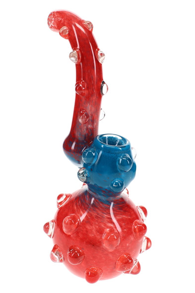 Thick glass Sherlock bubbler showing varied frit colors and applied marble details for retail display