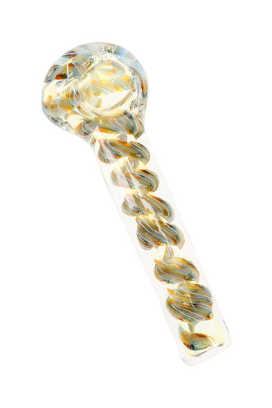 Small striped color-changing glass spoon pipe with orange and white accents shown at an angle.