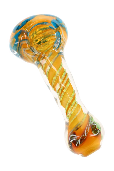 Clear glass spoon pipe with orange and teal twisted spiral design, rounded bowl, decorative worked glass cane accents, and side carb hole.