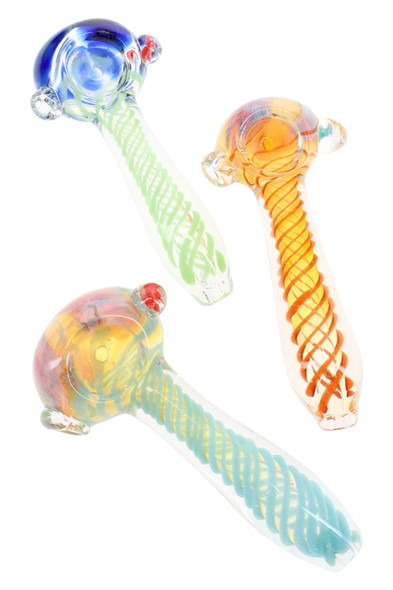 4" silver fumed spiral striped glass spoon pipes in assorted colors with decorative marble accents arranged for smoke shop display