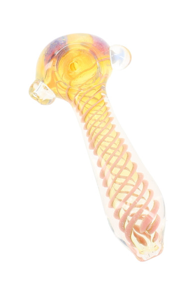 4" silver fumed glass spoon pipe with pink spiral stripe handle and clear marble accents shown from angled side view