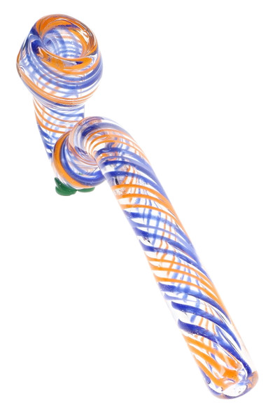 Orange and blue swirl striped ribbon Sherlock glass pipe shown individually with a curved neck, rounded bowl, and decorative green glass feet