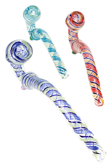 8" swirl striped ribbon Sherlock glass pipes in assorted blue, teal, red, and multicolor designs displayed to show color variation and curved glass profiles