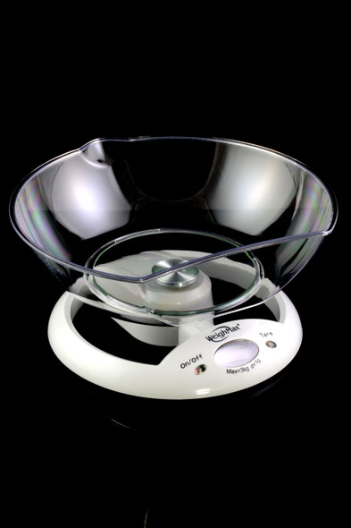 Bulk-friendly WeighMax W-5800 digital kitchen scale, clear tempered-glass bowl attached, white circular base, 3 kg capacity, black-background view