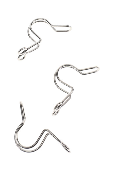 14.5 mm metal keck s-clips in silver finish, three pieces shown on white for detail; sold individually for head-shop wholesale joint security.