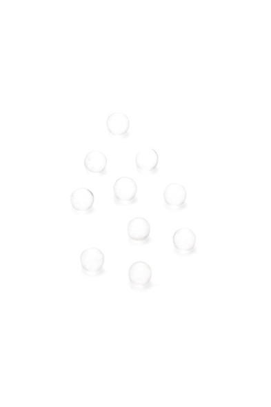 Ten 4 mm clear quartz banger beads on white background; small terp pearl set for smoke-shop wholesale product pages.