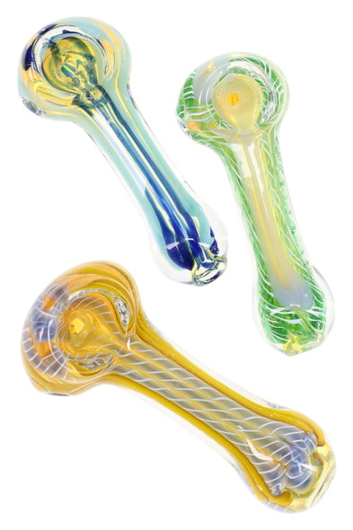 Assorted 3.5" color-changing spiral striped glass spoon pipes, set of three for wholesale smoke shop restock