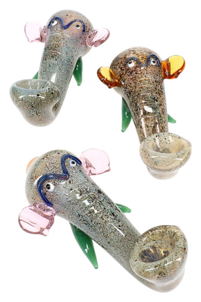 Wholesale 5" silver-fumed glass elephant head pipe, assorted ear colors, trio layout on white studio background, top-down product angle.