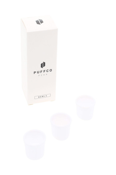 Puffco Peak Bowls 3-pack with branded white retail box and three ceramic inserts—shelf-ready wholesale packaging for showcases.