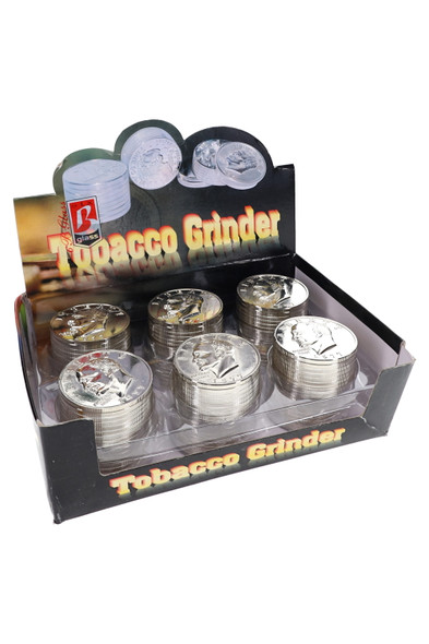52 mm 3-part coin grinder opened to show metal grinder teeth and interior chamber