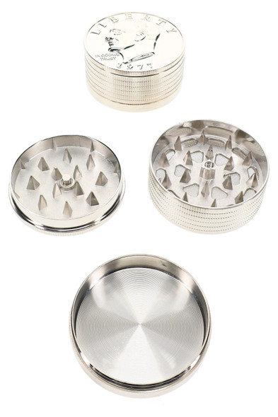 2" coin-style metal grinder shown closed with round compact shape for retail accessory displays