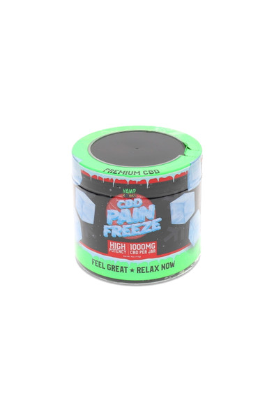 Hemp Bombs CBD Pain Freeze 4 oz jar, 1000 mg; black jar with green lid, wholesale topical, clean front view on white. Hemp Bombs CBD Pain Freeze 4 oz jar, 1000 mg; black jar with green lid, wholesale topical, clean front view on white.
