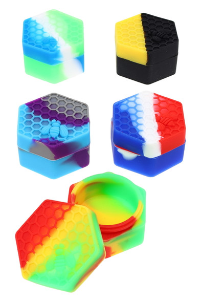 Bulk assorted silicone honeybee concentrate jars, hexagon shape with multicolor swirls, one jar open to show non-stick cavity, studio white background